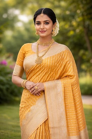 Bridal Silk Saree with Gold Zari Border, Mustard Yellow with White Buti Patterns, Samuthrika Wedding Style, Rich Pallu with Running Blouse
