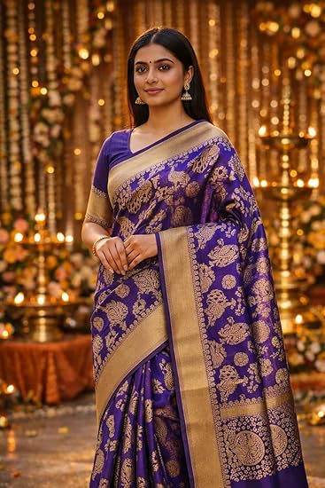 Kanchipuram Silk pattu Saree with Zari Work, Purple with Gold Border, 6.25m Length, Soft Silk with Jacquard Blouse