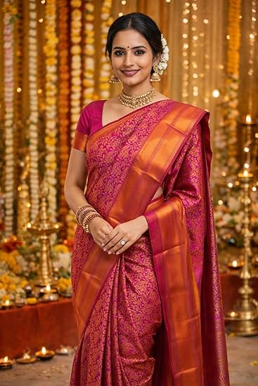 Bridal Silk Saree with Rich Pallu, Pink with Gold Silver Copper Zari Woven, Samuthrika Vasthrakala Wedding Style, Running Blouse