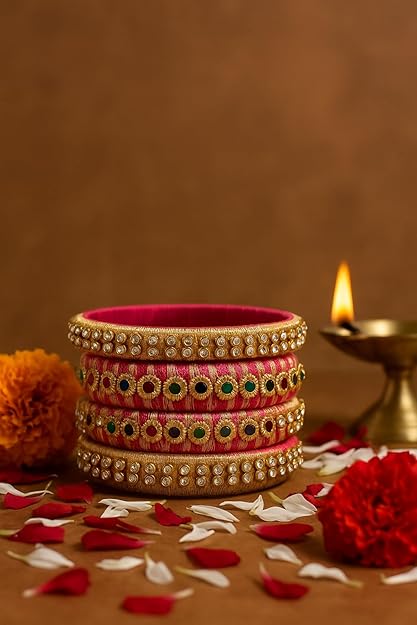 Traditional Silk Thread Bangles, Pink and Gold, Set of 2