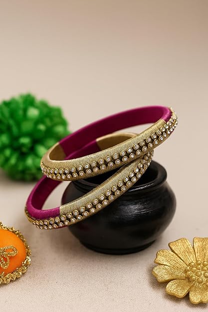Traditional Silk Thread Bangles, Pink and Gold ( Set of 2)