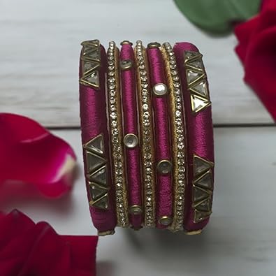 Traditional Silk Thread Bangles Set with Stone and Kundan Embellishments, Magenta and Gold, 6 Pieces