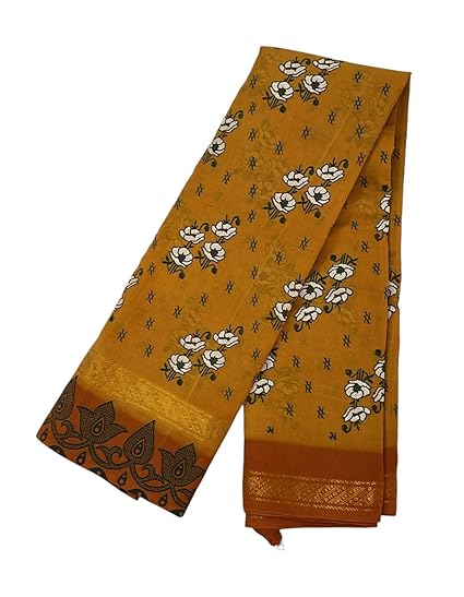 Brand: UJ Designs Traditional Chettinad Cotton Saree, Mustard Yellow with White Floral Design, Geometric Border Pattern ( No Blouse)