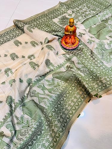 Semi Tassar Jamdani Saree, Blue Tribal Pattern, Handloom Silk, Festival Wear, With Blouse Piece, Traditional Geometric Motifs, Decorative Tassels