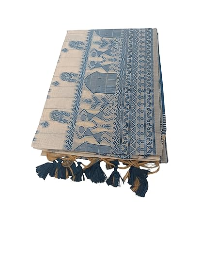 Traditional Semi Tassar Jamdani Saree With Blouse Piece, Blue Tribal Pattern, Super Soft Quality, Decorative Tassels
