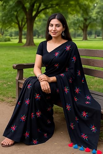Elegant Black Handloom Cotton Saree with Multicolor Thread Embroidery with running blouse Perfect for Festive wedding