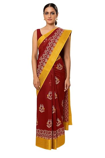 Maroon and Yellow Banarasi Dola Silk Saree with Golden Zari Border