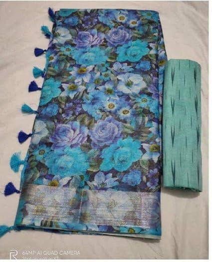 PURE HANDLOOM FLORAL PRINTS LINEN SAREE WITH MATCHING IKKAT BLOUSE