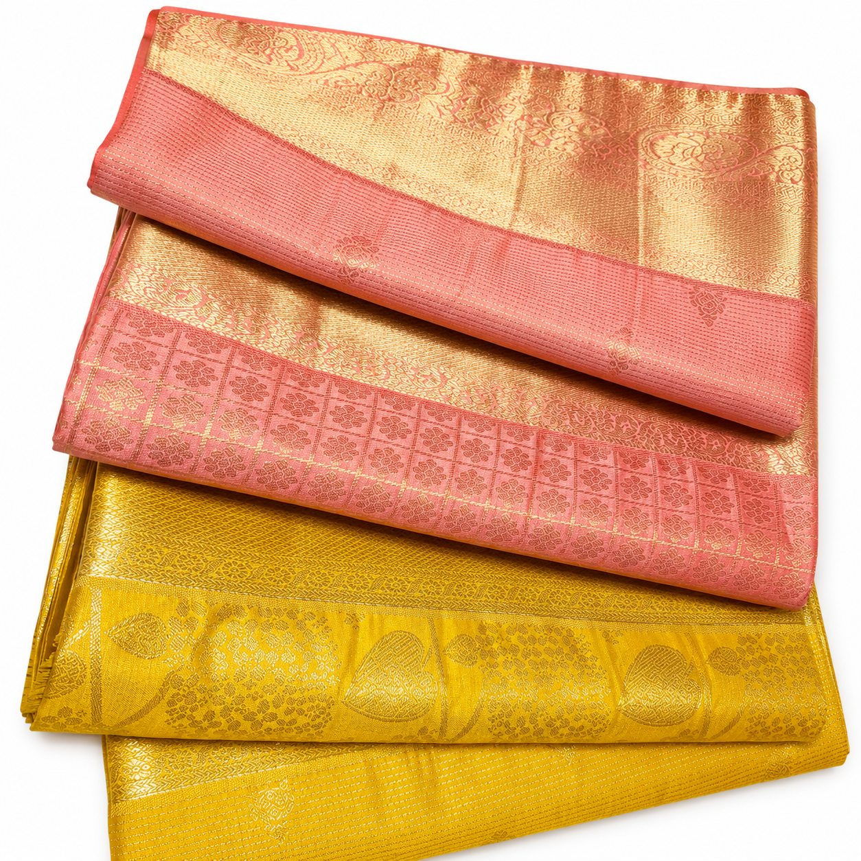 Peach Gold & Mustard Yellow Zari Silk Saree