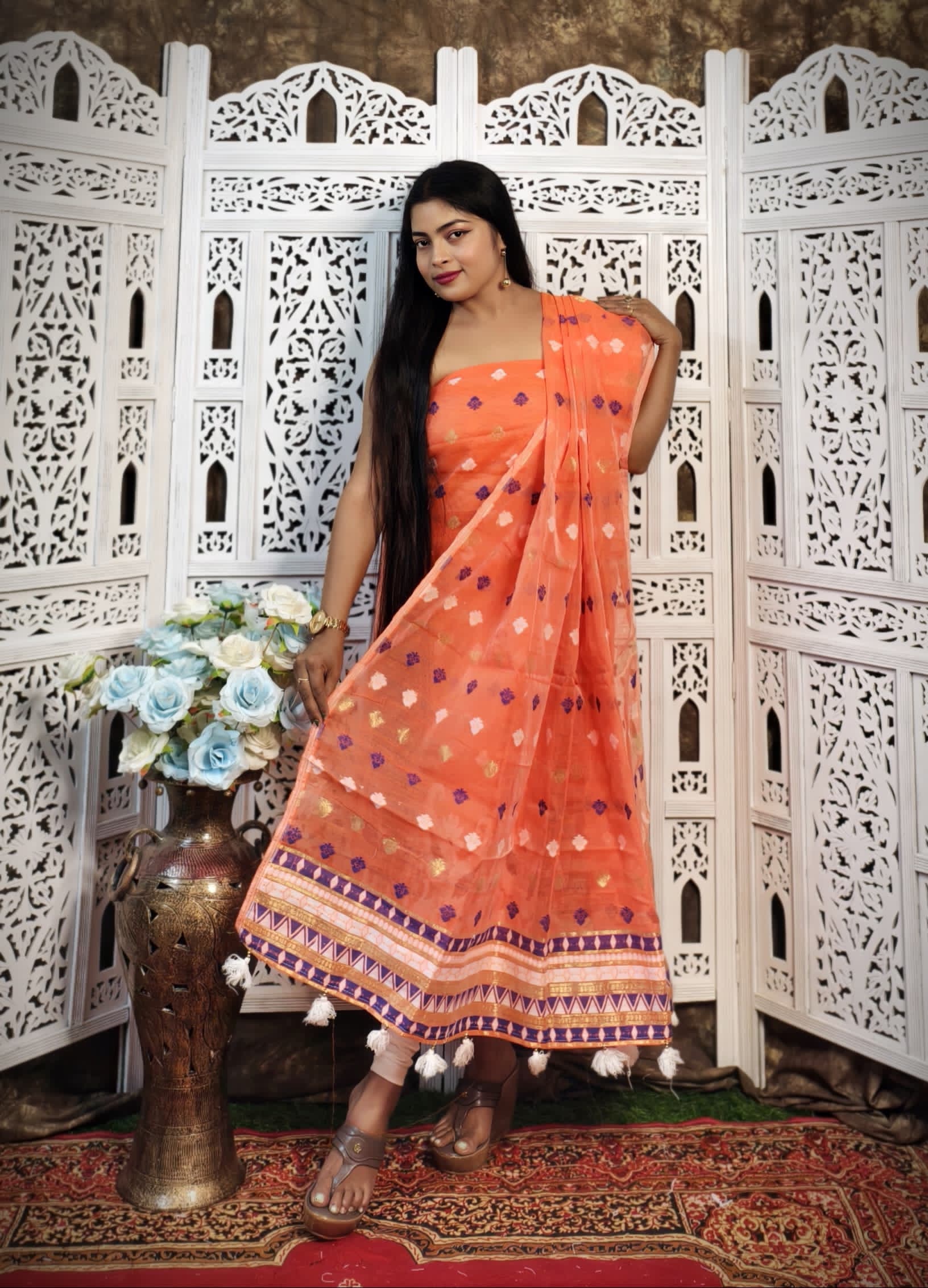 Orange Cotton Jamdani Dress Material with Dupatta | Traditional Woven Ethnic Suit Fabric for Women