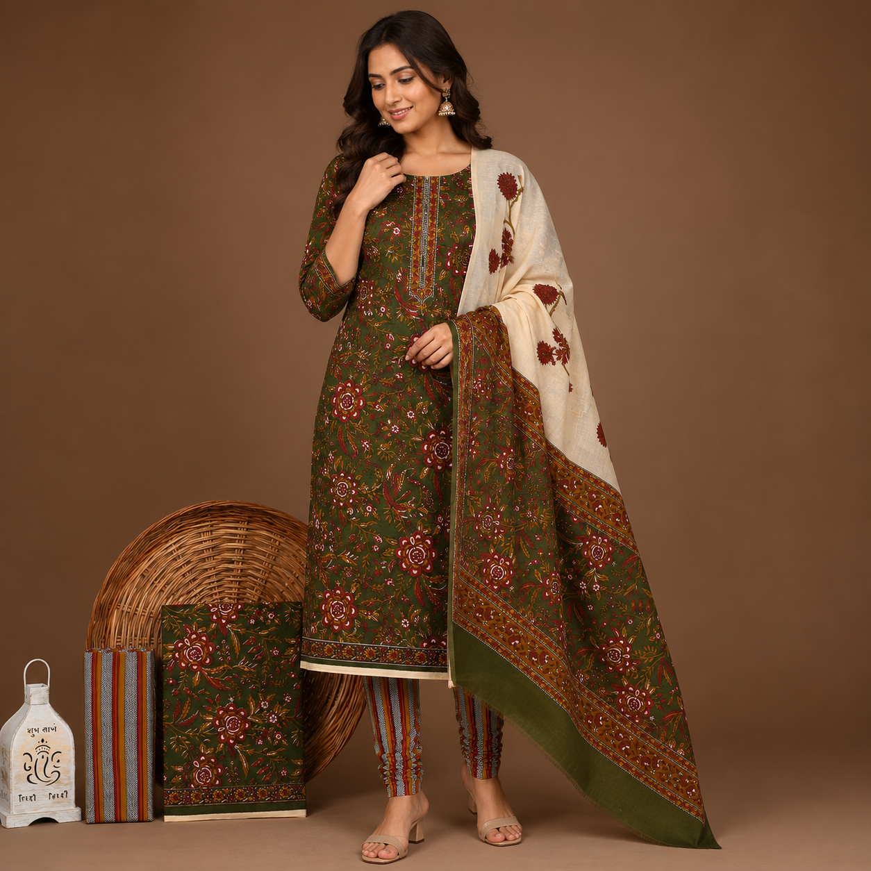 Bagru Print Unstitched Dress Material for Women with Dupatta | Olive Green & Off white