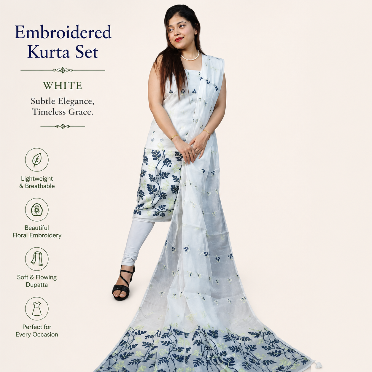 White Resham Silk Dress Material with Designer Dupatta | Elegant Ethnic Top & Dupatta Set for Women