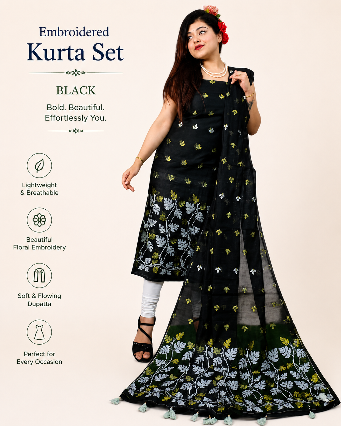 Black Resham Silk Dress Material with Designer Dupatta | Elegant Ethnic Top & Dupatta Set for Women