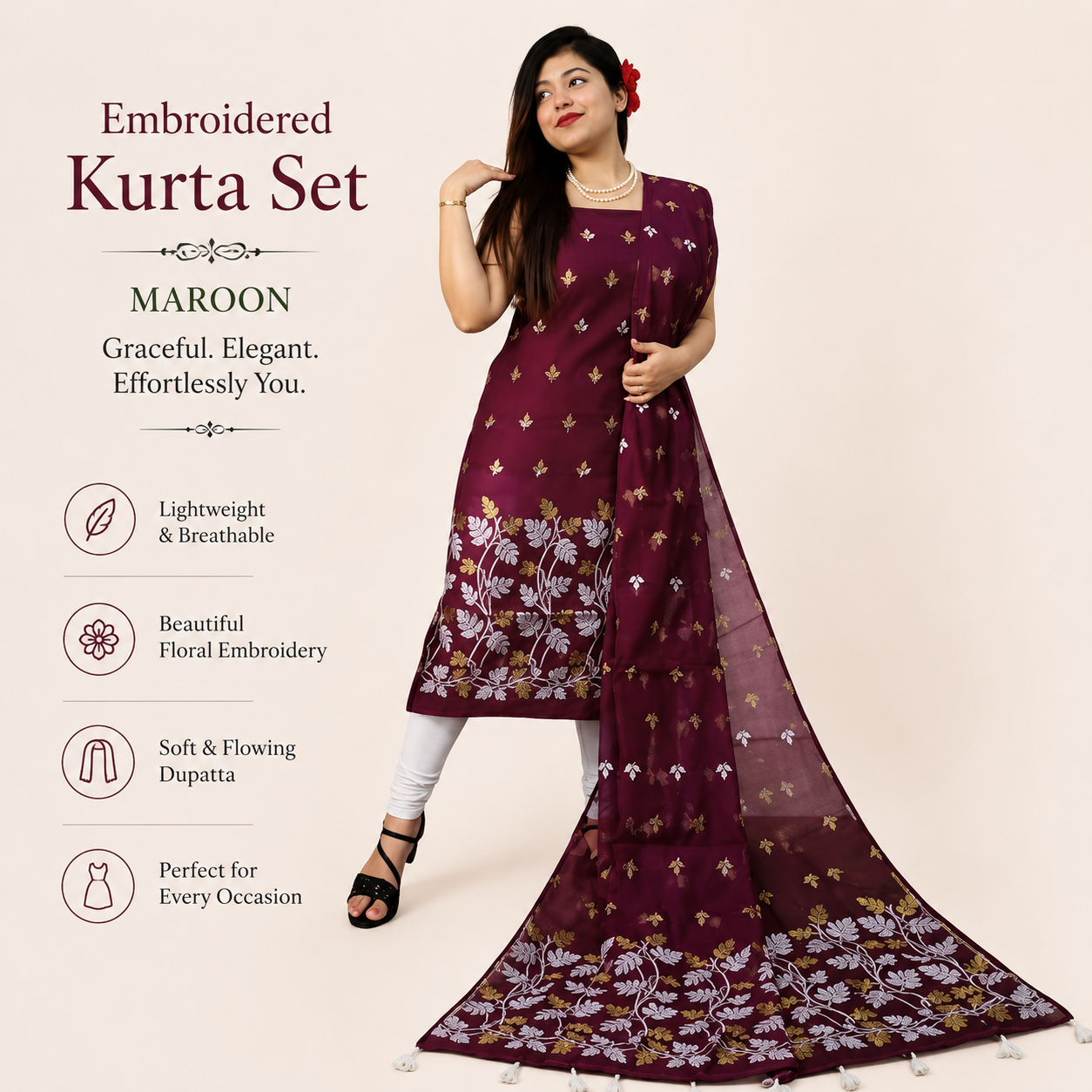 Maroon Resham Silk Dress Material with Designer Dupatta | Elegant Ethnic Top & Dupatta Set for Women