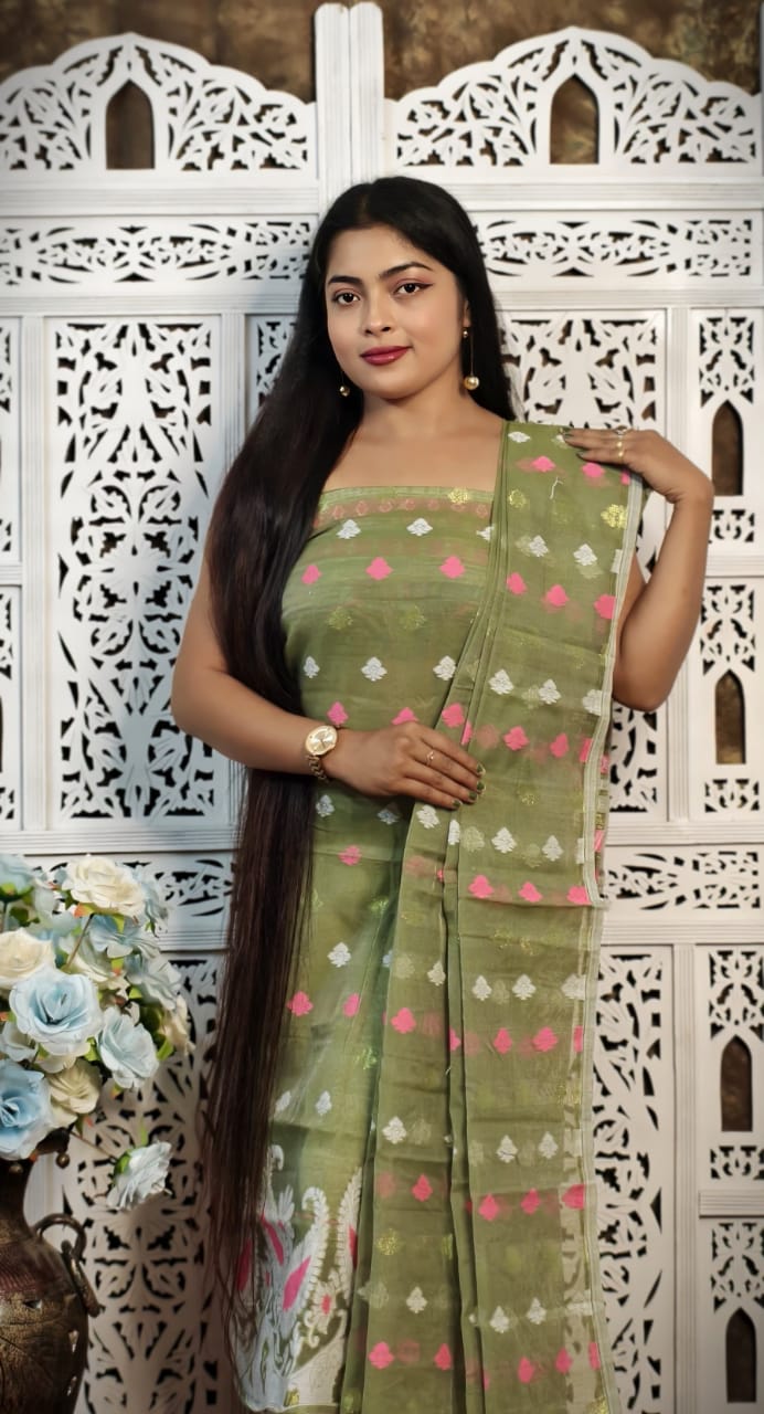 Green Cotton Jamdani Dress Material with Dupatta | Traditional Woven Ethnic Suit Fabric for Women | Soft Cotton Unstitched Kurti Material | No Bottom/Legging