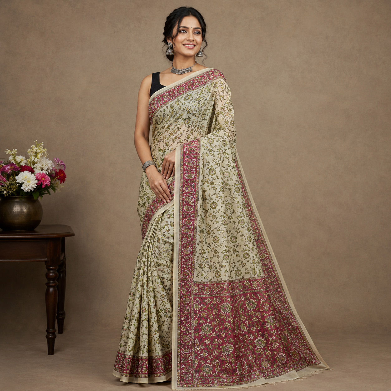 Handloom Banswara Tussar Silk Saree, Digital Kalamkari Print, Green and Maroon