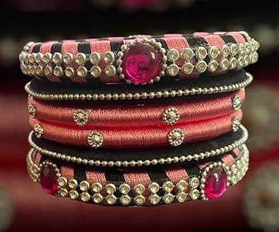 CUSTOM HANDMADE SILK THREAD BANGLES SET OF 6 IN BLACK N PINK COMBINATION
