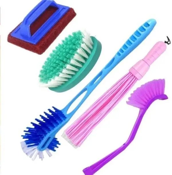 Plastic Broom Toilet Brush and Bathroom Scrubbe Set of 5 (Multicolor)