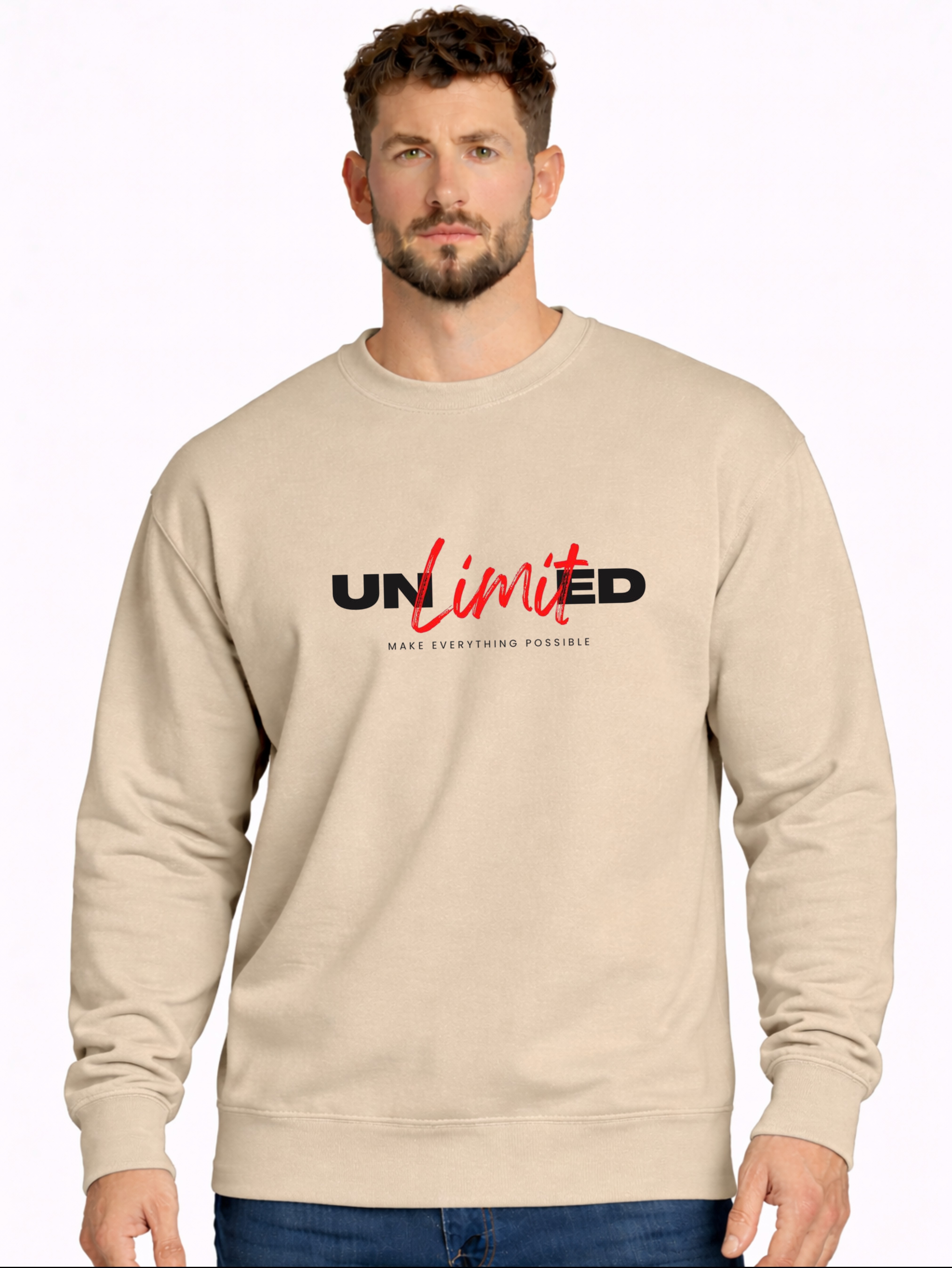 Unlimited Motivational Premium Sweatshirt – Beige Round Neck Fleece | Hoodie Bank