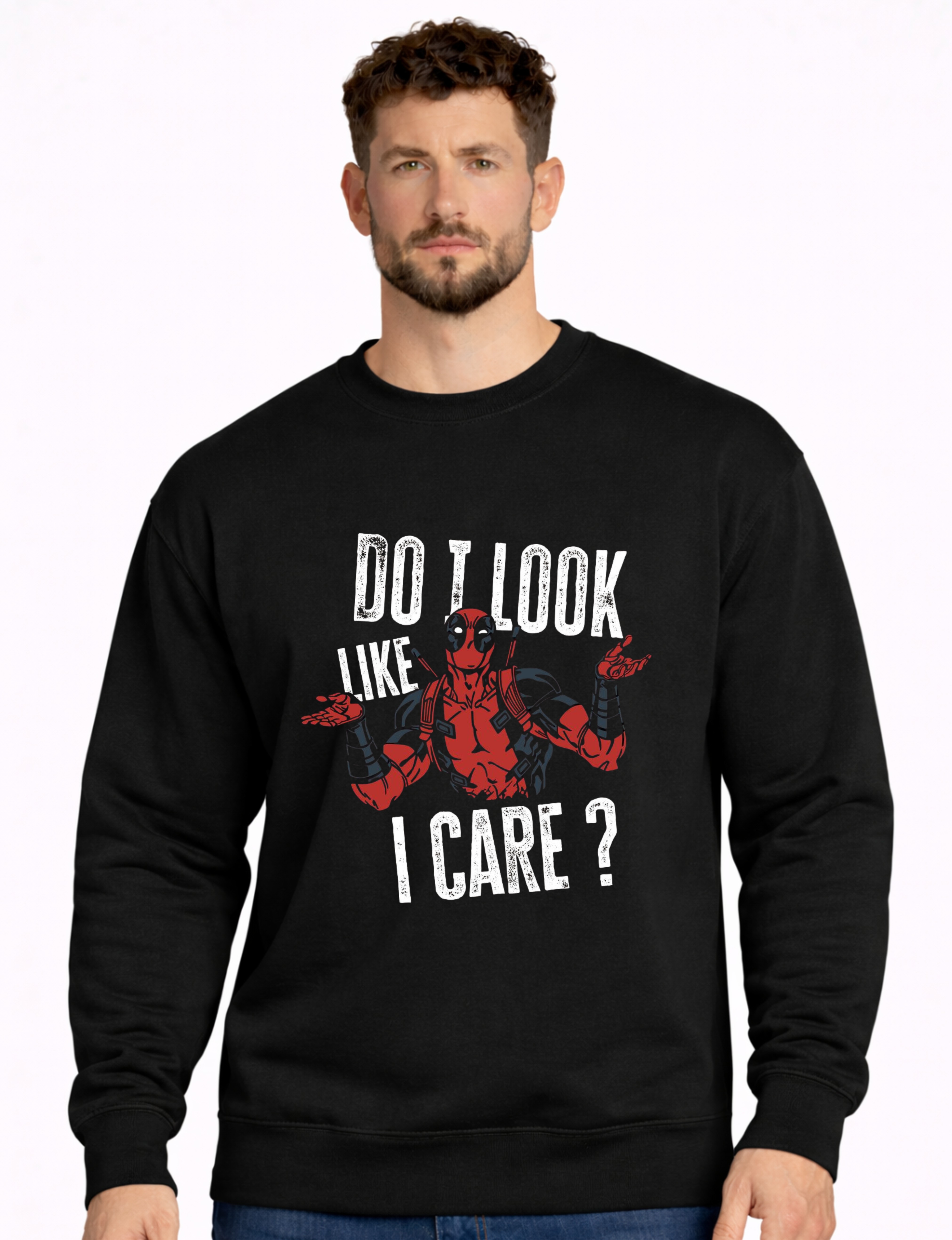 Deadpool "Do I Look Like I Care?" Graphic Printed Black Sweatshirt for Men