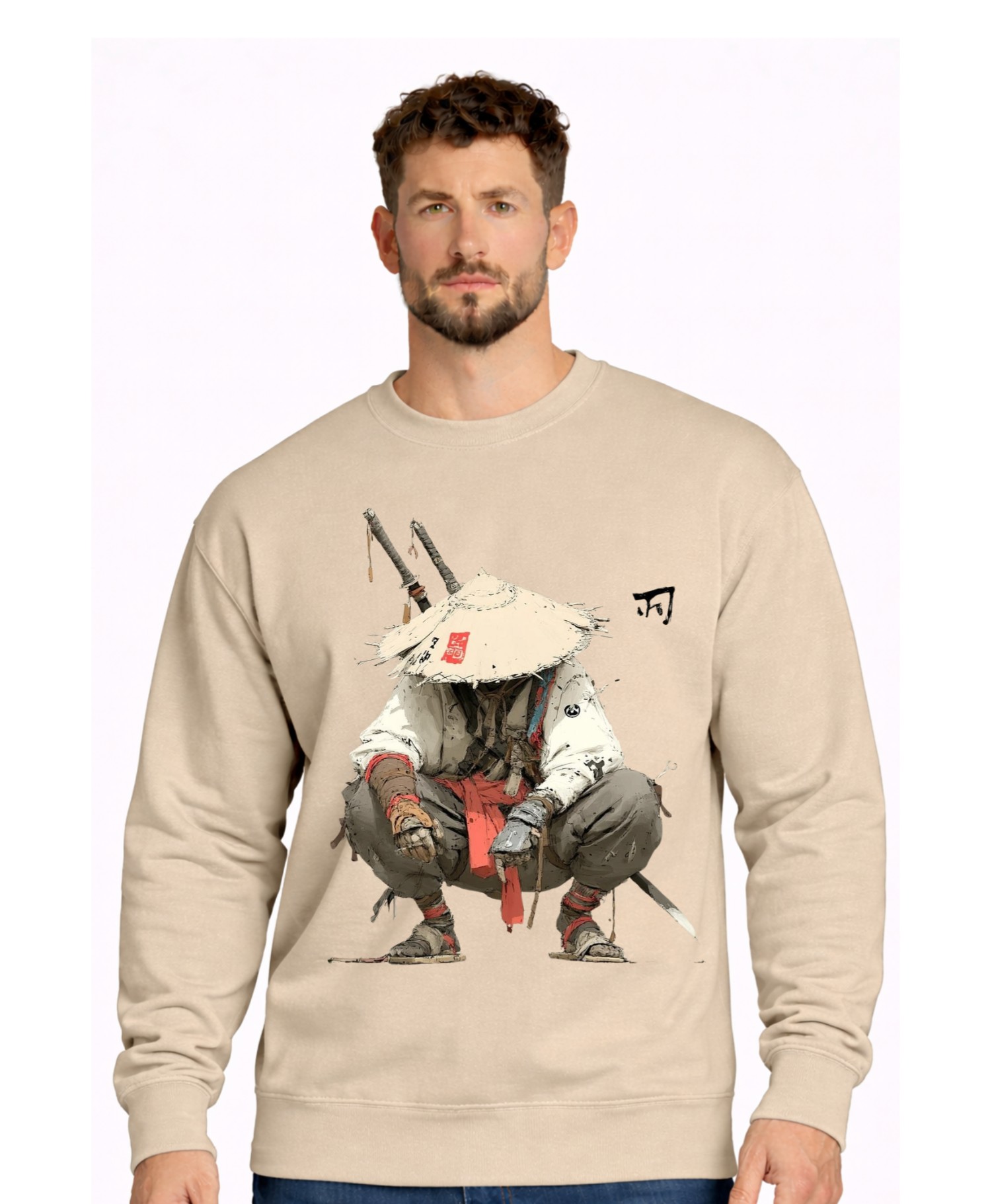 Wandering Samurai Graphic Printed Beige Sweatshirt