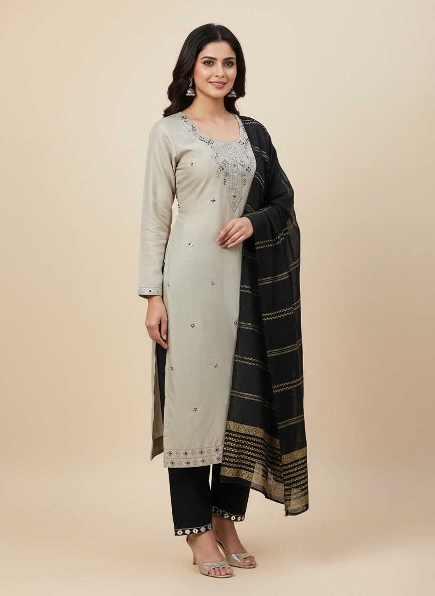 Beautiful heavy Embroidery work and lace all over kurti with 3 piece set