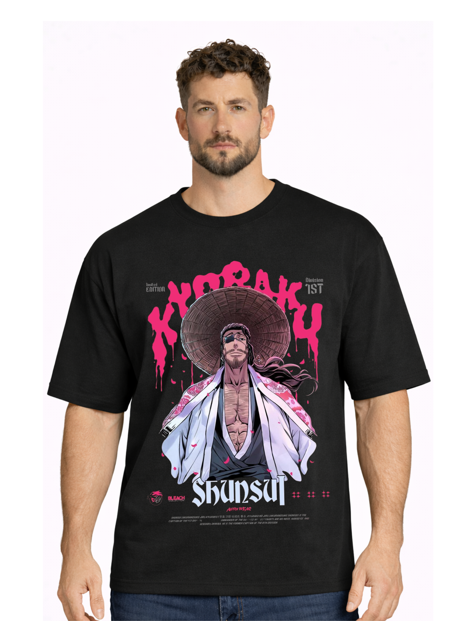 Hoodie Bank | Bleach Shunsui Kyoraku Anime Oversized Black T-Shirt | Premium Graphic Printed Tee for Men & Women
