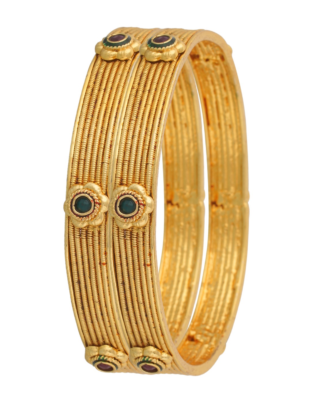 Antique Ribbed Gold-Plated Stone Bangles