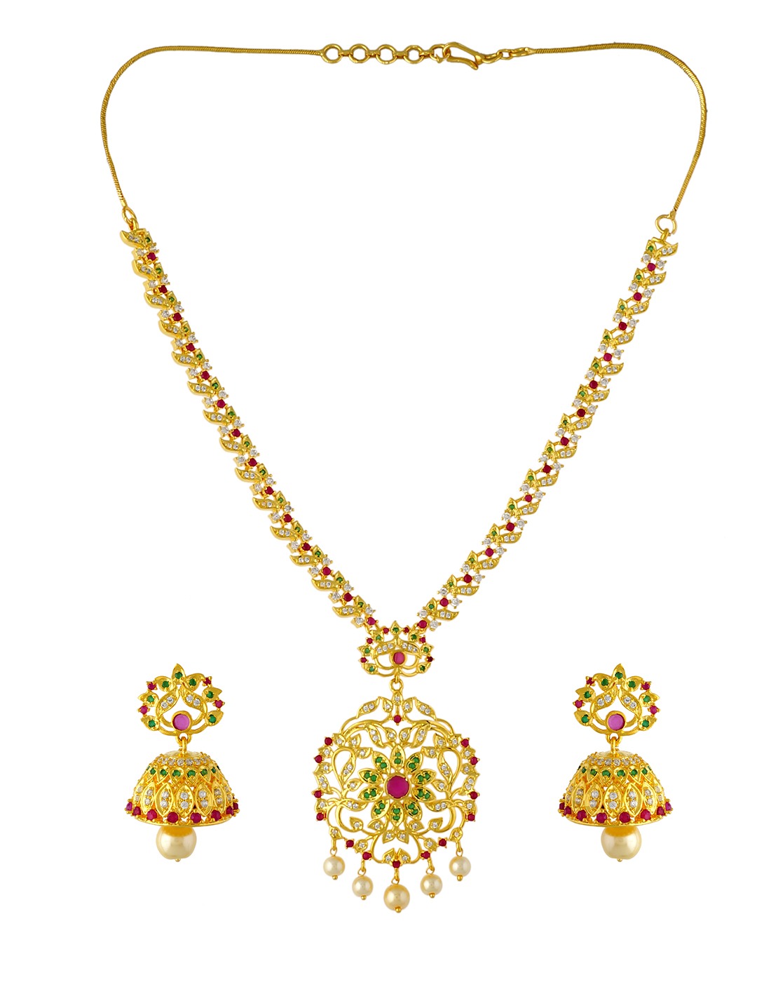 Ruby Emerald Floral Pendant Necklace Set