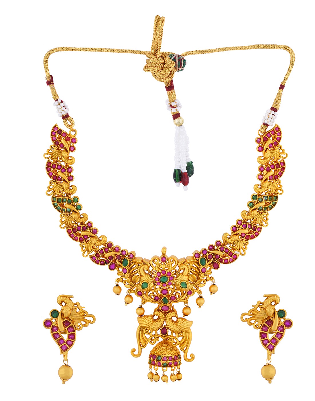Antique Peacock Ruby-Green Temple Necklace Set