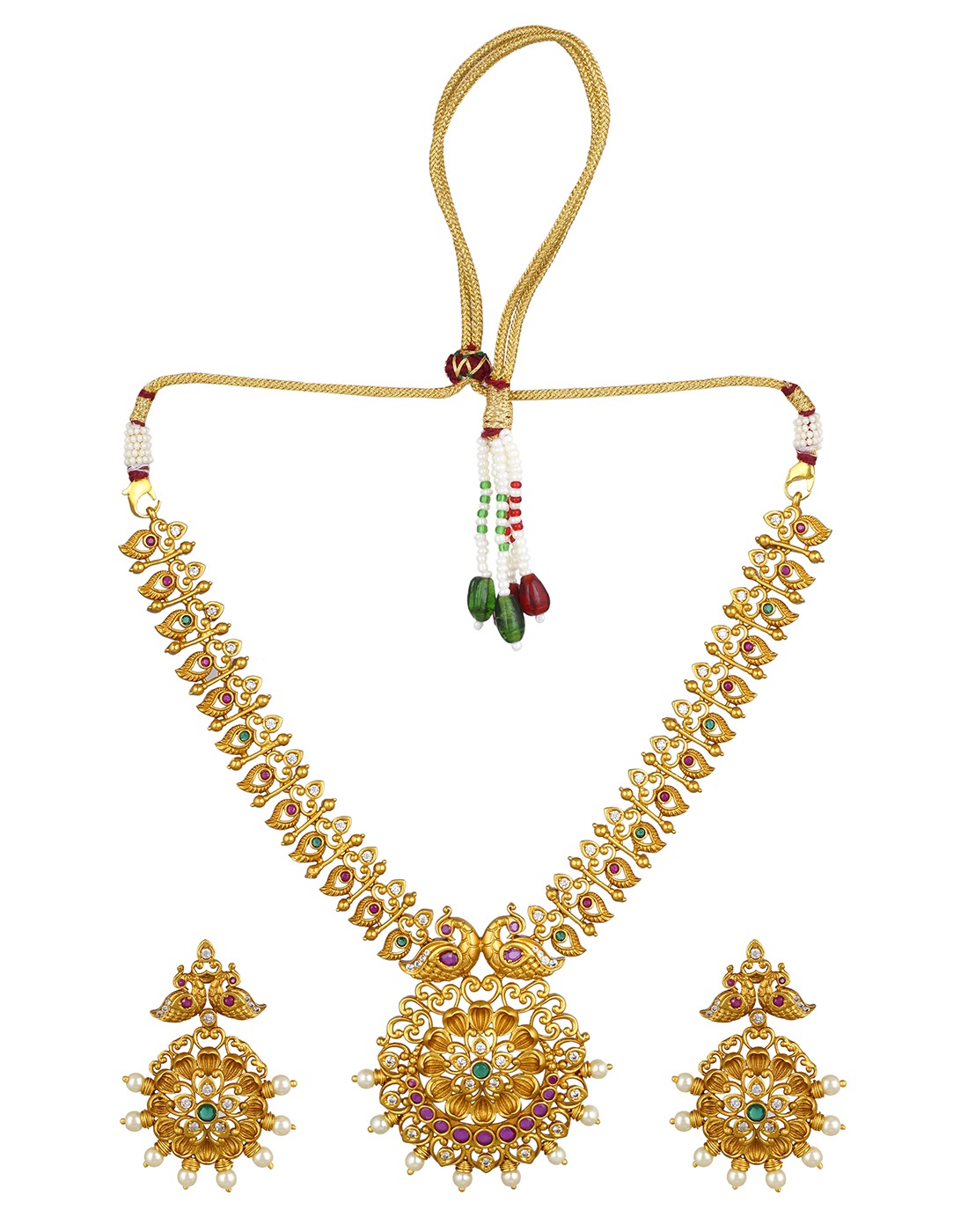 Antique Peacock Floral Temple Necklace Set