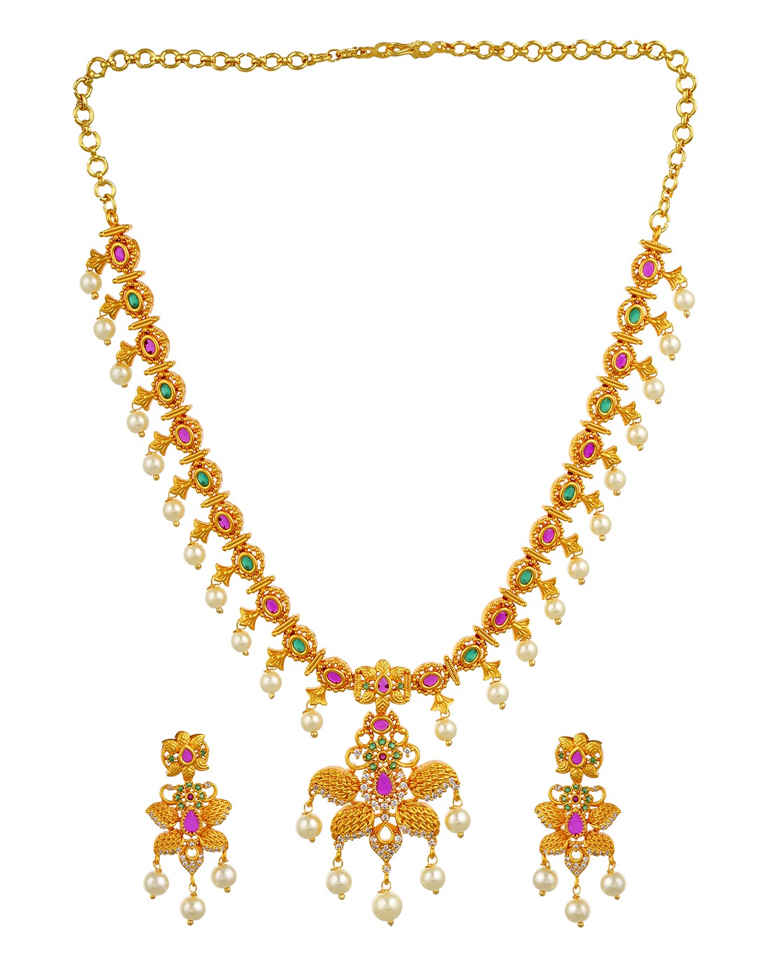Ruby Emerald Floral Pearl Drop Necklace Set