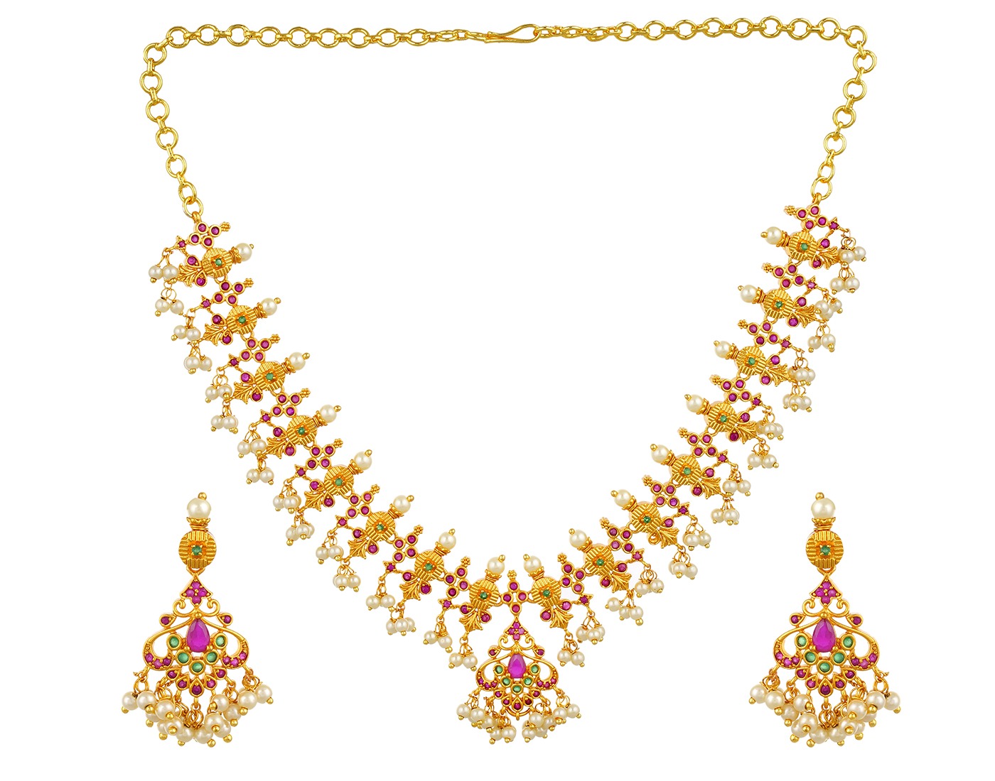 Ruby Emerald Pearl Drop Temple Necklace Set