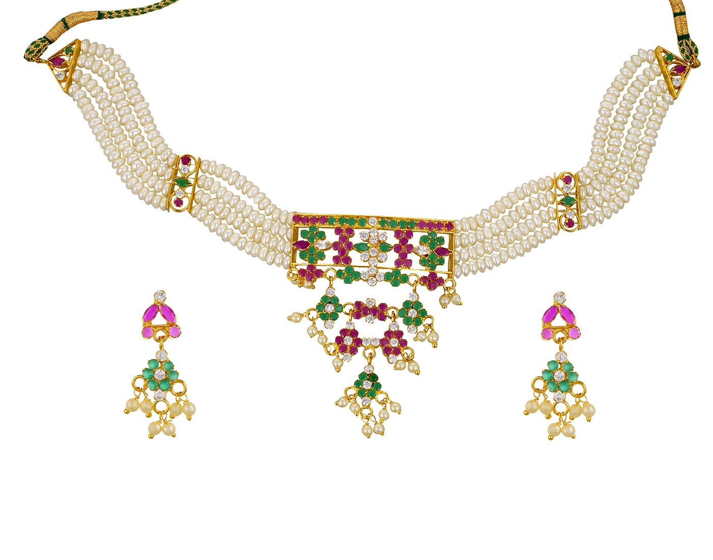 Multi-Layer Pearl Ruby Emerald Choker Necklace Set