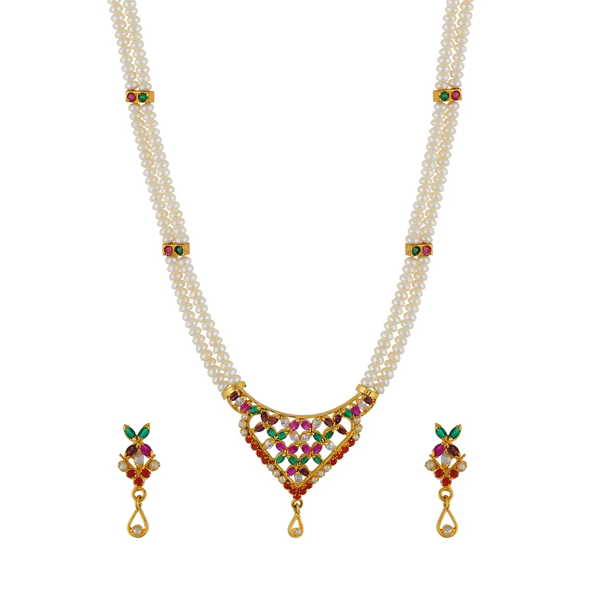 Triple-Layer Pearl Navaratna Pendant Necklace Set