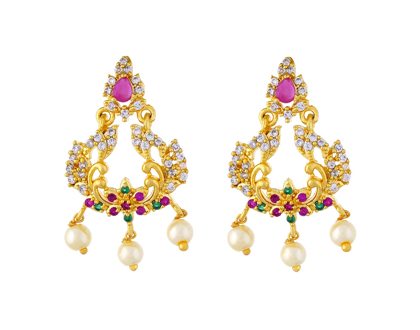 Ruby Emerald Peacock Pearl Drop Earrings