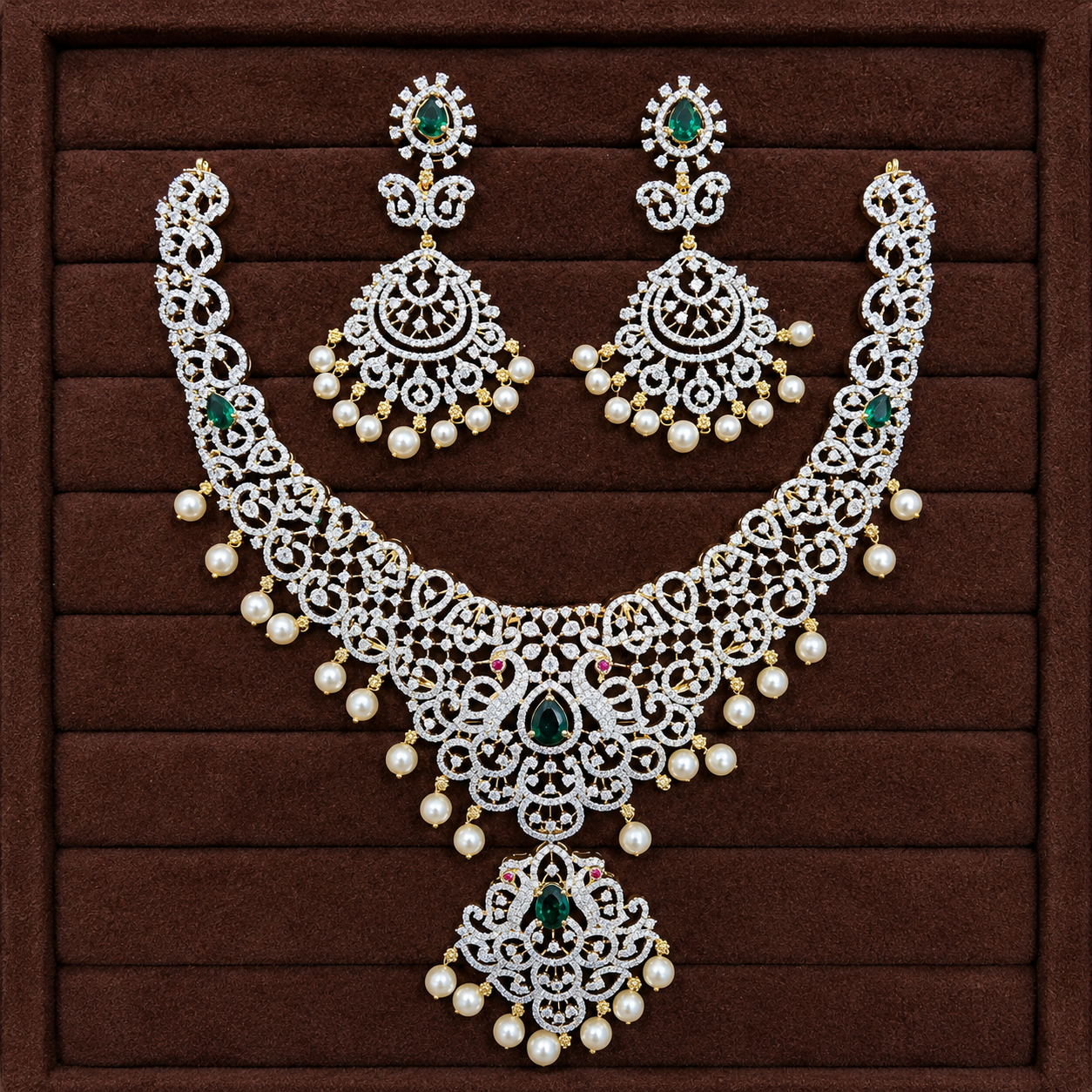 Emerald Pearl Peacock Diamond Necklace Set