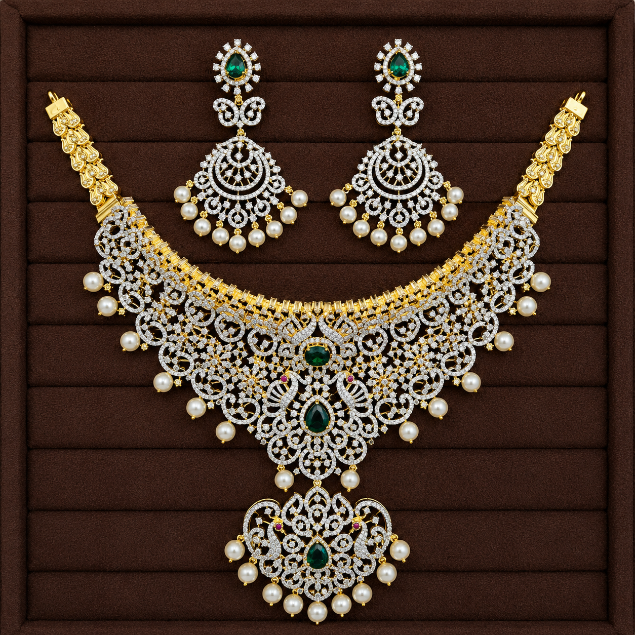 Emerald Peacock Pearl Bridal Necklace Set