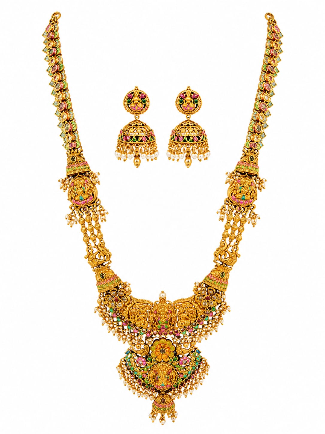 Traditional Temple Jewellery Necklace Set with Jhumka Earrings for Women | Gold Plated Bridal & Festive Wear Set