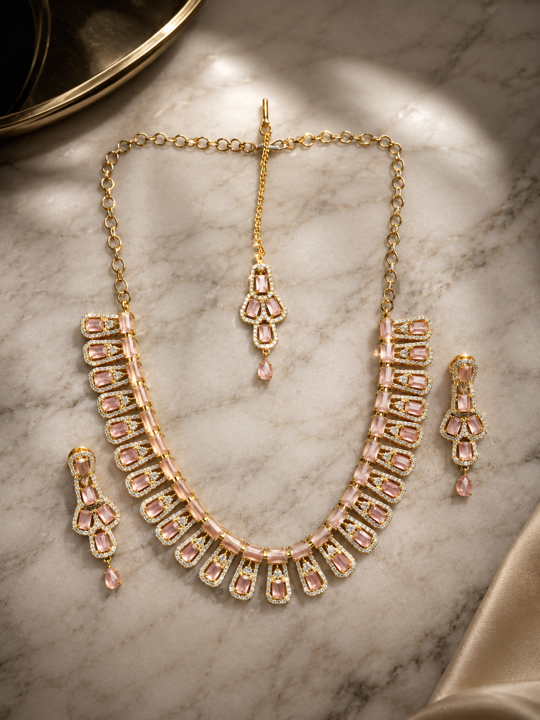 Luxury Gold-Plated Pink American Diamond Necklace Set with Matching Earrings