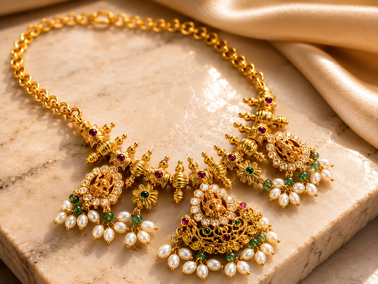 Adorned with green and ruby-red stones