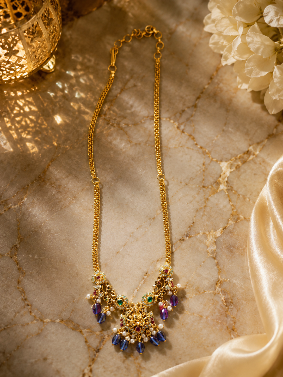 Pendant Necklace with Purple Bead Drops