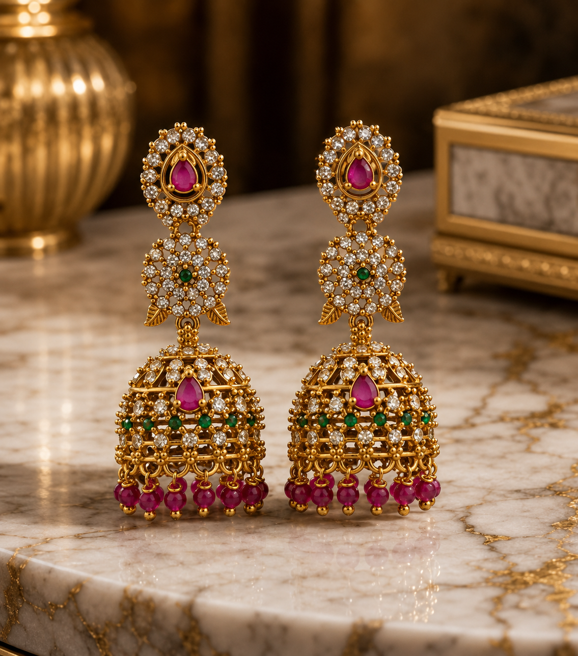 Jhumka Earrings with Ruby & Green Stones