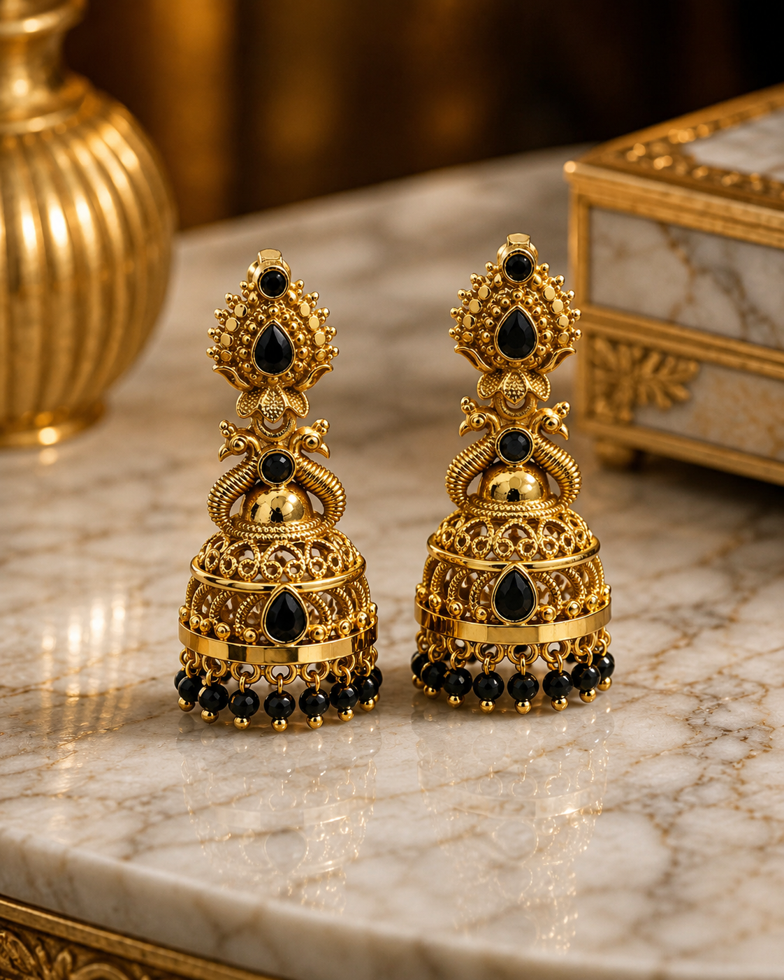 Jhumka Earrings with Ruby & BLACK Stones