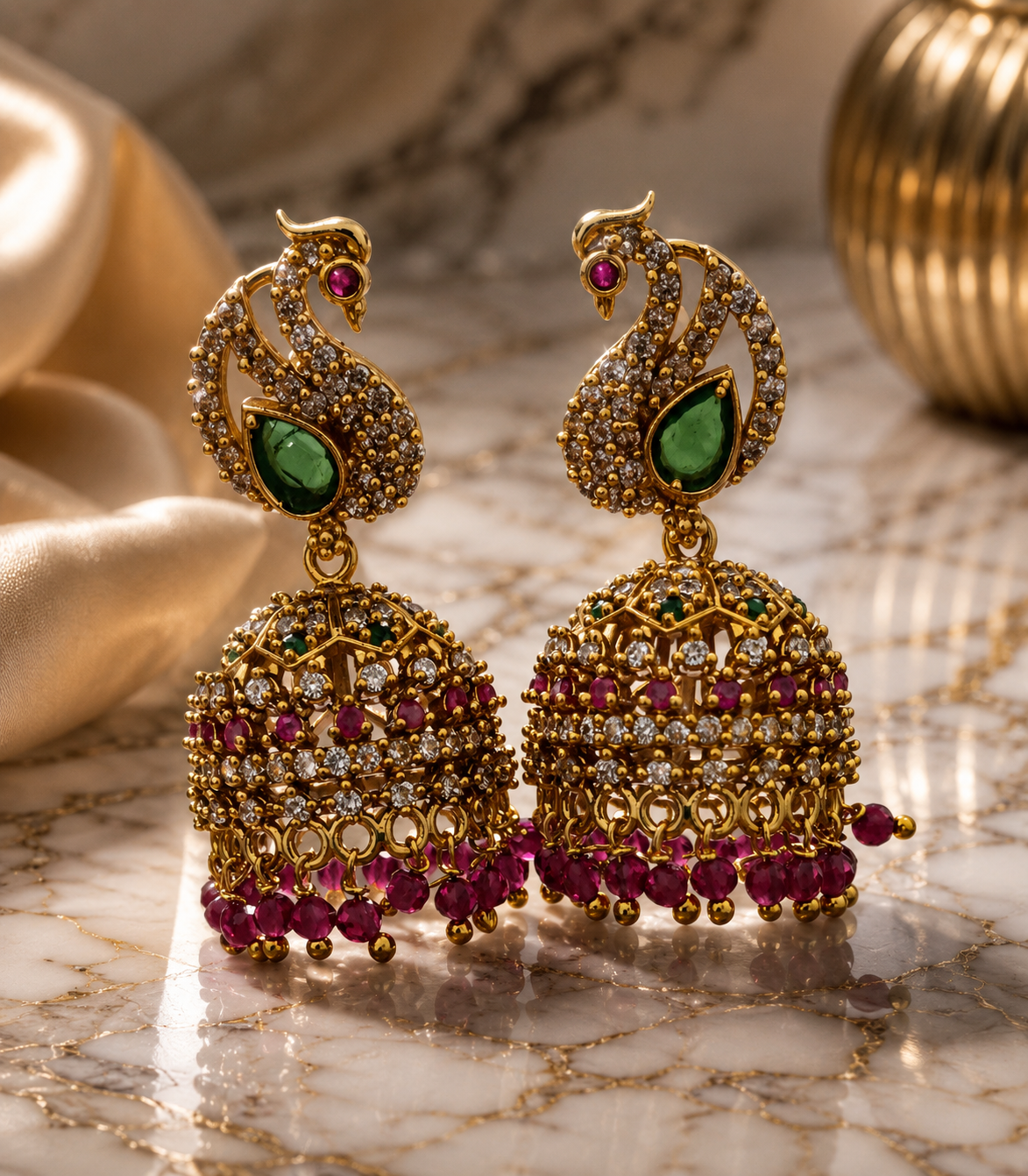 Jhumka Earrings with Green & Ruby Stones