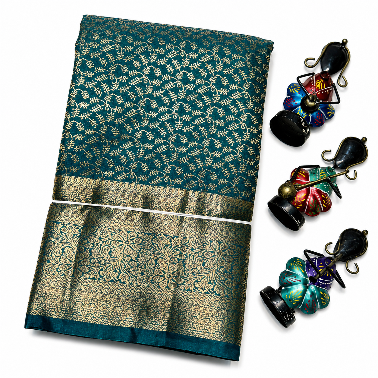 Teal Green Kanchivaram Silk Saree with Gold Zari Border