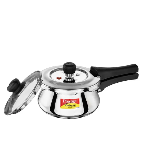 Prestige 1.5 Litre Stainless Steel Deluxe Alpha Svachh Outer Lid Pressure Cooker with Glass Lid | Handi | 10Y Warranty | Deep Lid for Spillage Control | TRIPLY Base | Gas &amp;amp;amp;amp;amp; Induction Compatible