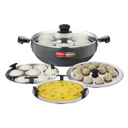 Prestige Hard Anodised Induction Base Multi-Kadai with Glass Lid (Dhokla Plate, Patra Plate, Idli Plates), 28cm (Black)