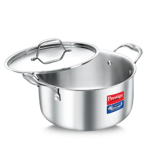 Prestige 20cm/3.2L Tri-Ply Stainless Steel Splendid Casserole| Gas and Induction Compatible |Even Heat Distribution| Thick Gauge Tri-Ply Body| Perma Cool Handles