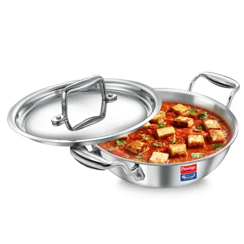 Prestige 28cm/4.0L Tri-Ply Stainless Steel Splendid Kadai with Lid|Gas and Induction Compatible|Even Heat Distribution| Thick Gauge Tri-Ply Body| Perma Cool Handles